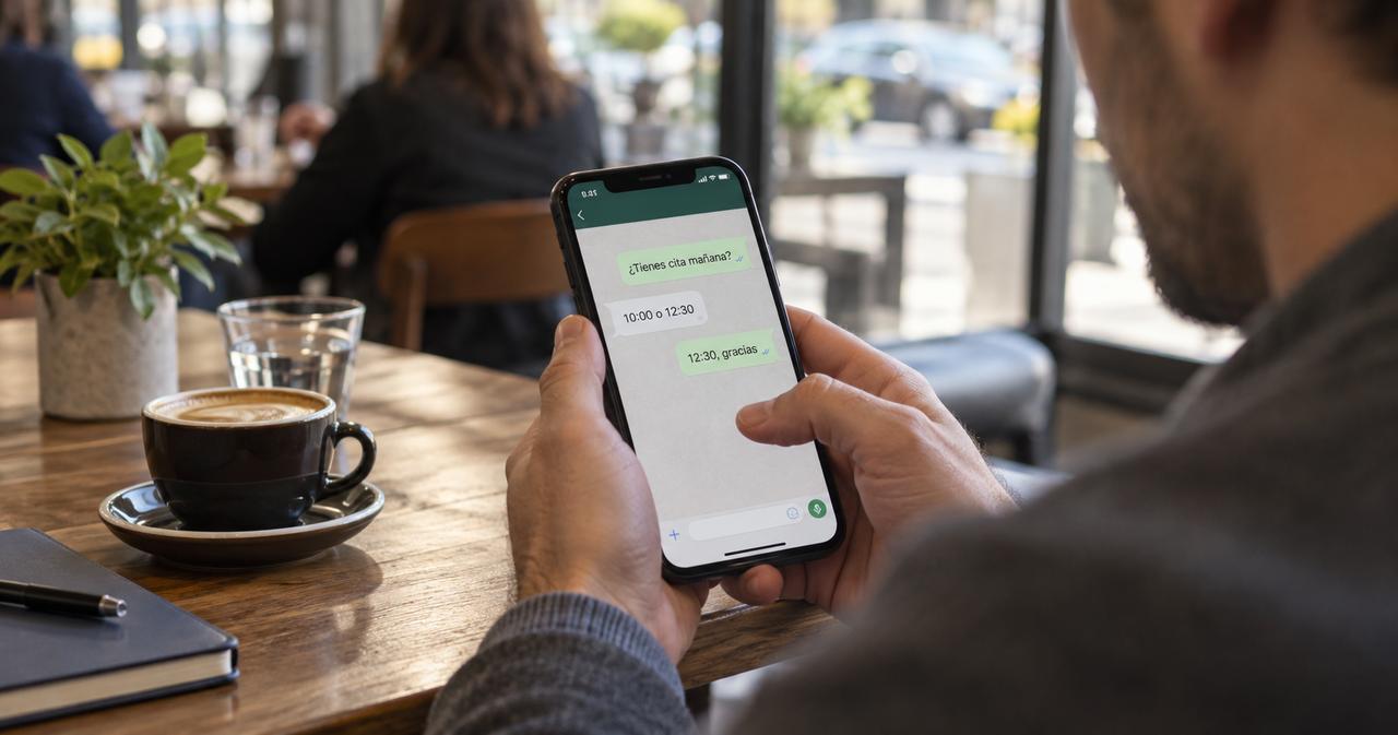 Cliente pidiendo cita por WhatsApp desde el móvil en una cafetería
