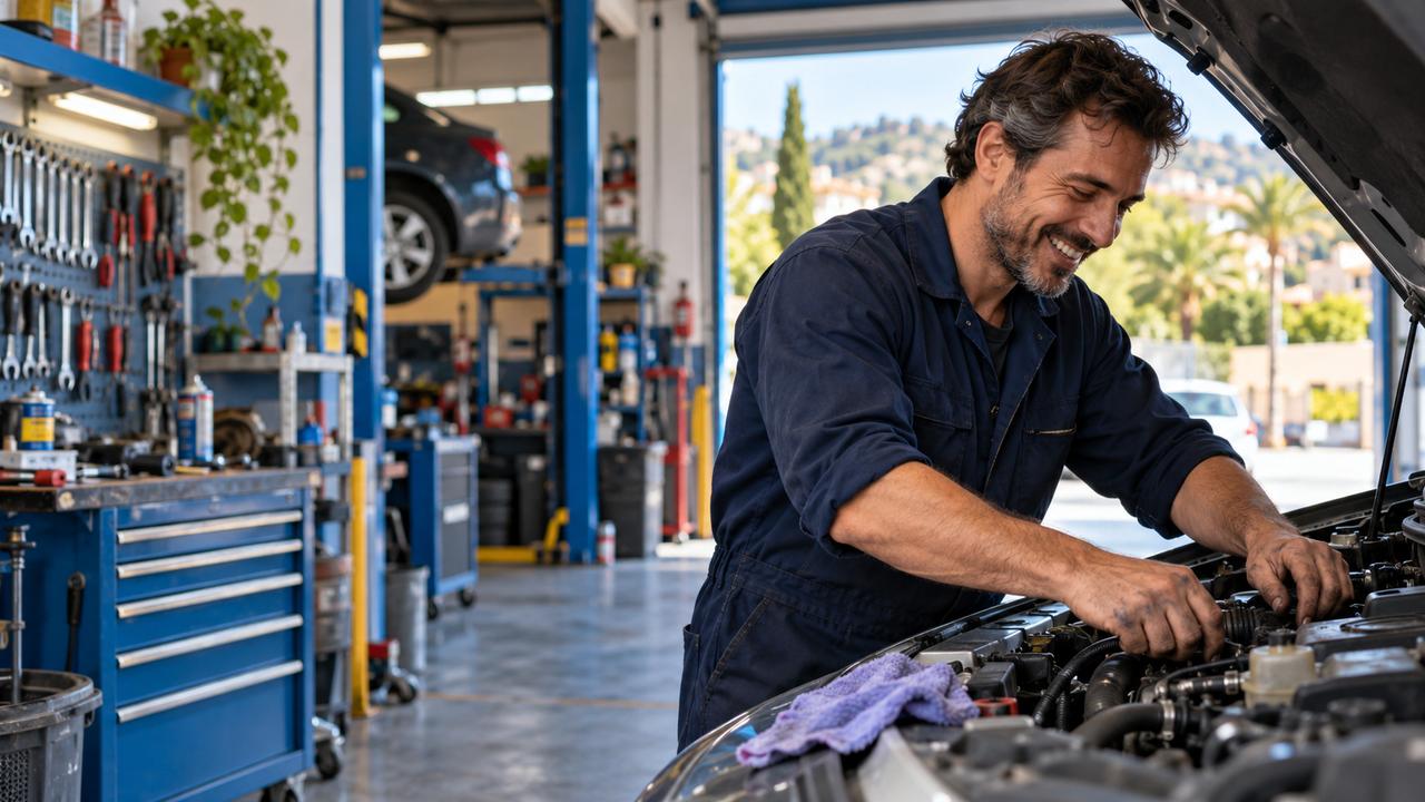 Mecánico trabajando en el motor de un coche en un taller
