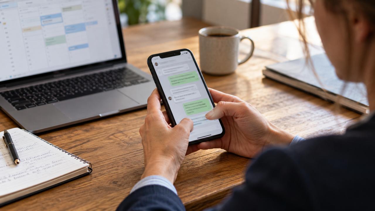 Persona respondiendo mensajes de WhatsApp en el móvil junto al portátil con la agenda
