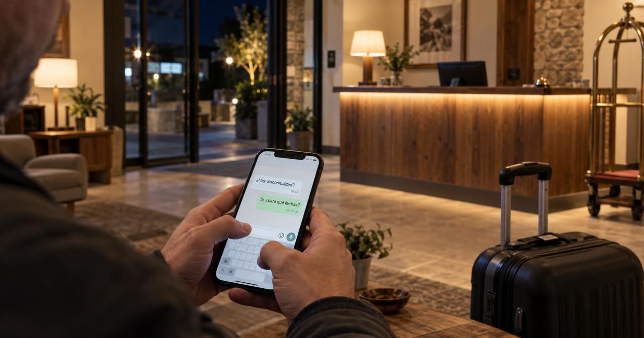 Huésped escribiendo por WhatsApp al hotel desde el móvil en una recepción vacía de noche