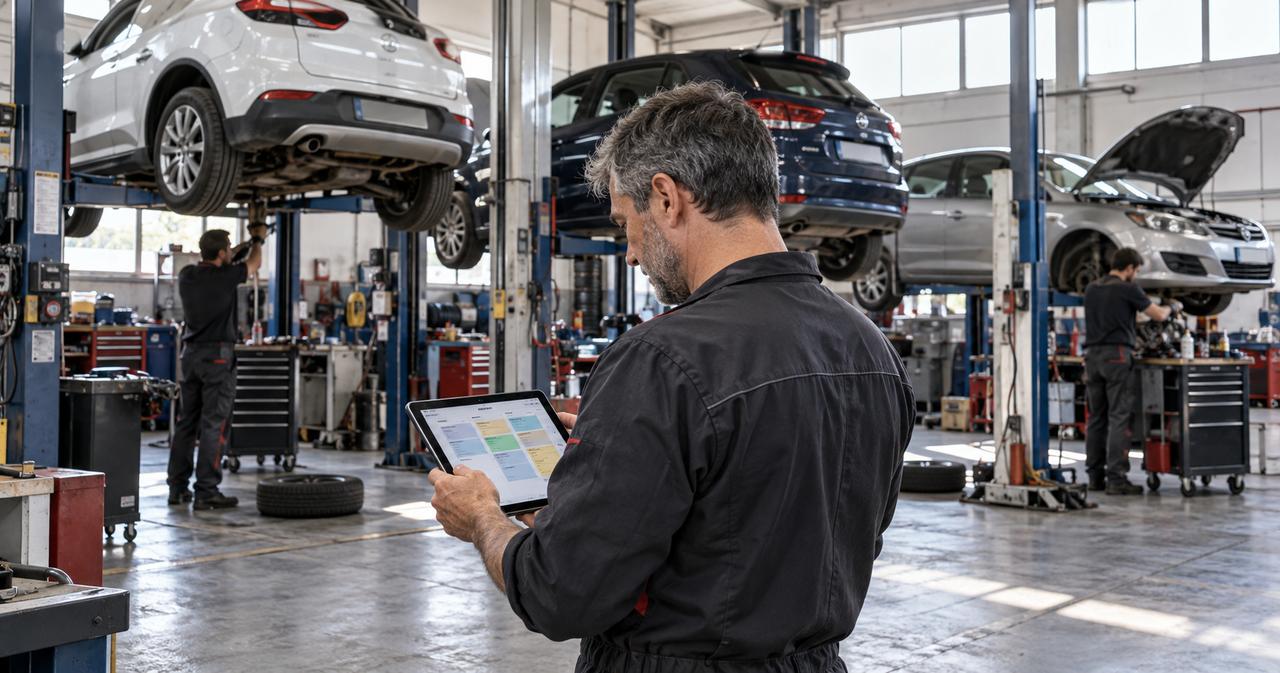 Mecánico consultando la agenda en una tablet en un taller con varios coches elevados