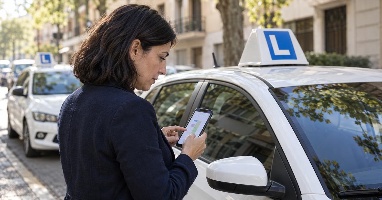 Profesora de autoescuela consultando en el móvil las clases de la semana junto al coche de prácticas