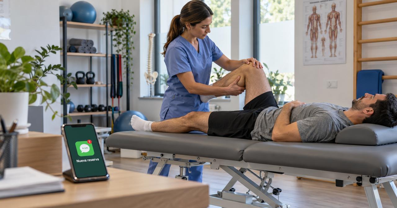 Fisioterapeuta tratando la rodilla de un paciente mientras entra una reserva en el móvil de la clínica