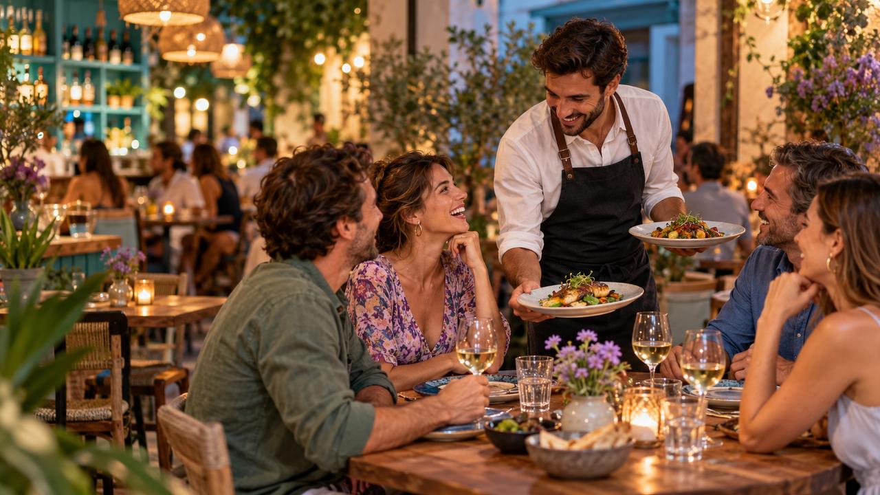 Camarero sirviendo platos a un grupo de amigos en la terraza de un restaurante