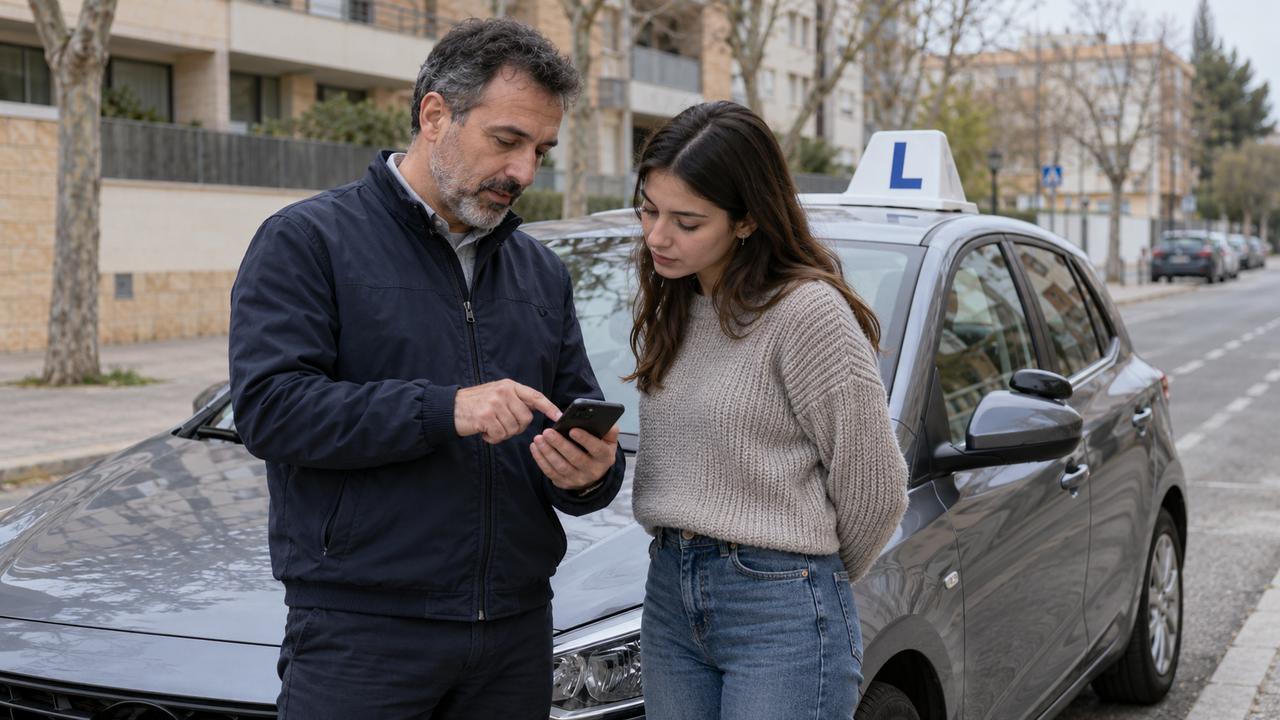 Profesor de autoescuela enseñando a una alumna su próxima clase en el móvil junto al coche de prácticas