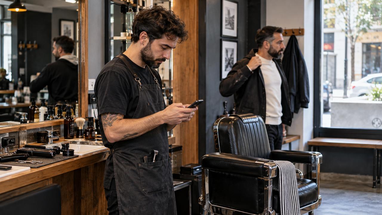 Barbero revisando las citas en el móvil mientras otro barbero atiende a un cliente