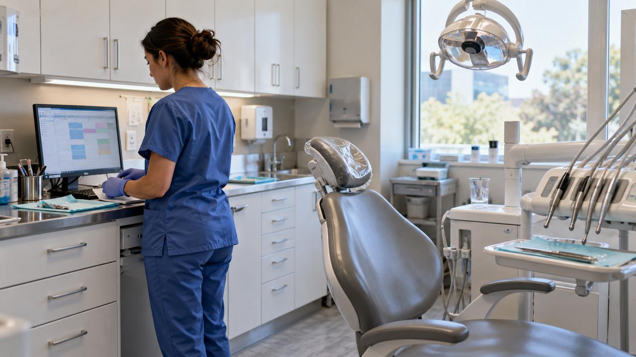 Profesional de una clínica dental revisando la agenda en el ordenador junto al sillón dental