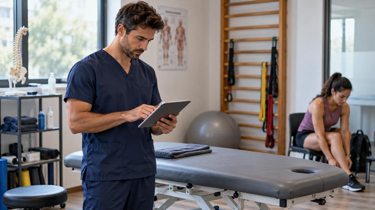 Fisioterapeuta consultando la agenda en la tablet en la sala de tratamiento