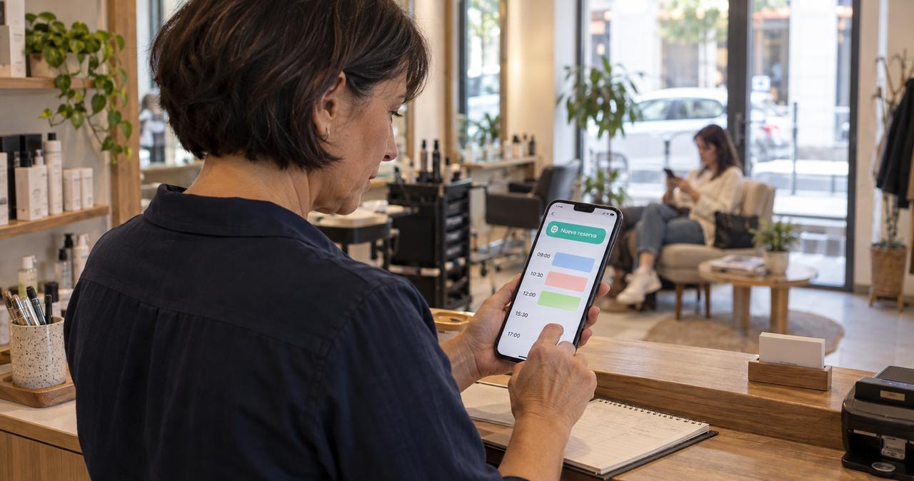 Dueña de un negocio revisando en el móvil las citas del día en el mostrador