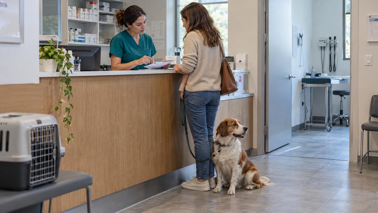 Recepcionista de una clínica veterinaria atendiendo a una clienta que llega con su perro