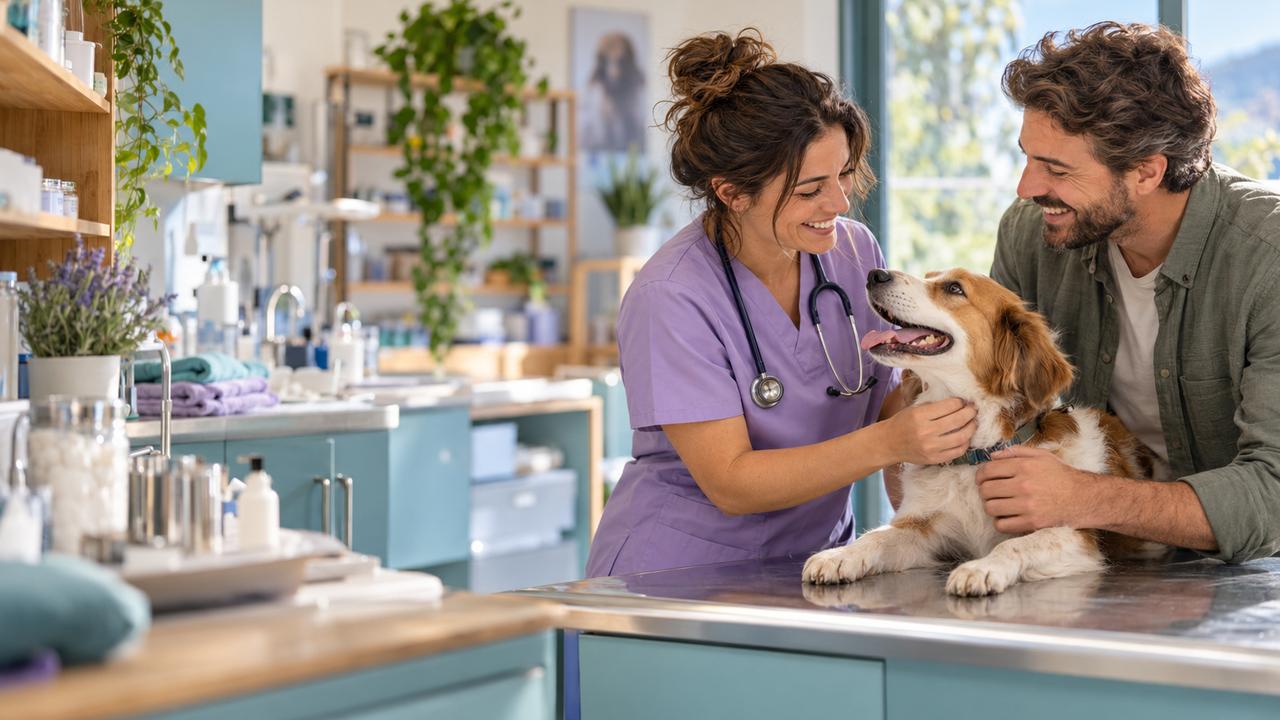 Veterinaria explorando a un perro en la consulta junto a su dueño